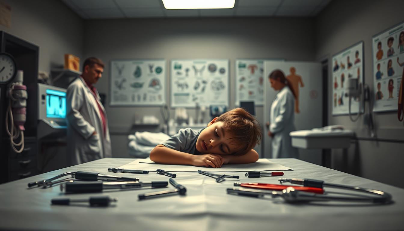 A dimly lit medical clinic, examining table in the foreground with scattered medical instruments. In the middle ground, a child lying on the table, appearing unwell, surrounded by concerned doctors and nurses. In the background, various diagnostic equipment and charts depicting common childhood diseases. The scene is bathed in a somber, muted color palette, evoking a sense of concern and the need for medical attention. Soft, directional lighting casts dramatic shadows, heightening the serious atmosphere. The overall composition suggests the environmental health threats and medical challenges facing children.