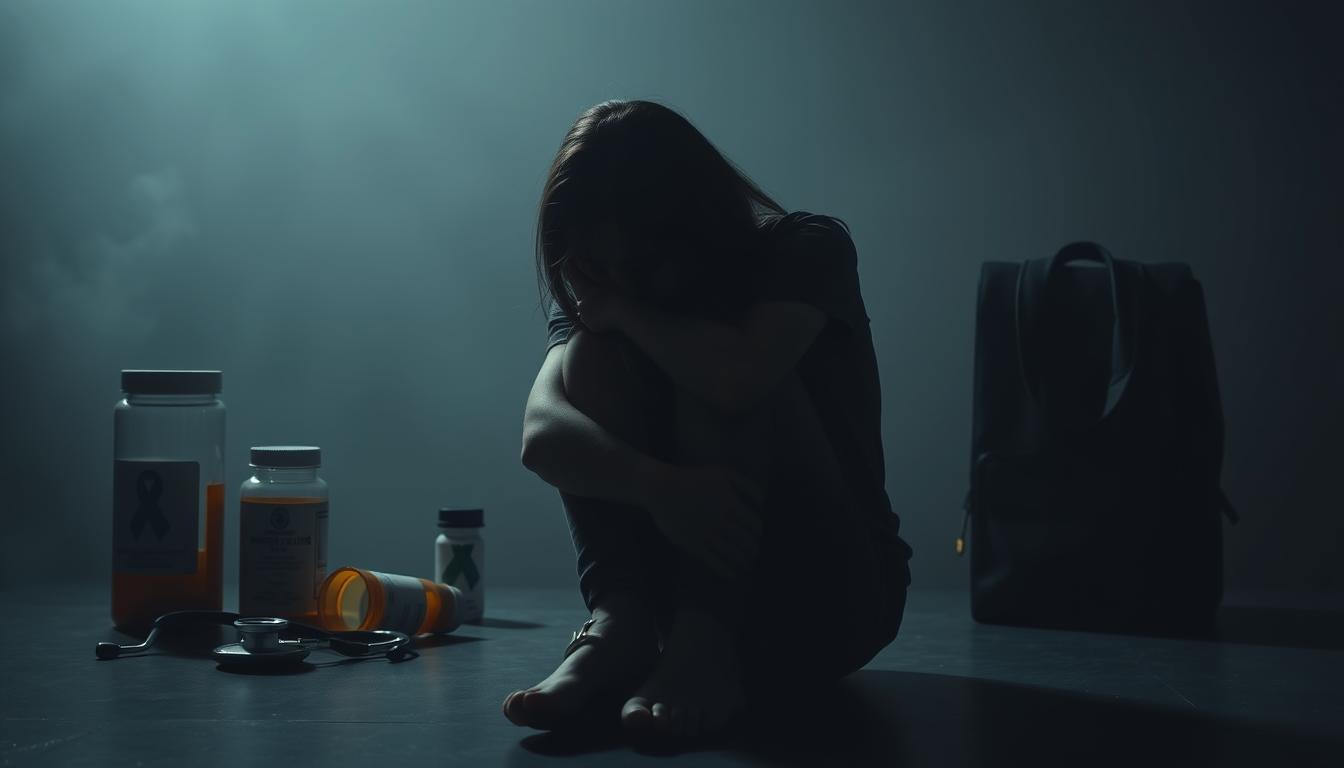 A dimly lit scene depicting the health struggles of adolescents. In the foreground, a teenage figure sits hunched over, shoulders slumped, conveying a sense of emotional distress. In the middle ground, various medical equipment and symbols symbolize the physical and mental health concerns faced by this age group, such as a prescription bottle, a stethoscope, and a mental health awareness ribbon. The background is hazy, creating an atmosphere of uncertainty and unease. The lighting is soft and moody, casting long shadows and highlighting the vulnerable nature of the subject. The overall composition evokes a pensive, contemplative mood, reflecting the complexities of adolescent health issues.