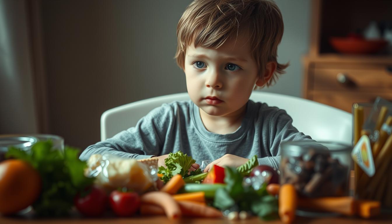An intimate, documentary-style scene of a young child sitting at a table, surrounded by a variety of nutritious and unhealthy food items. The child's expression conveys a sense of contemplation, as they examine the options before them. The lighting is soft and natural, casting gentle shadows that enhance the emotional atmosphere. The background is slightly blurred, drawing the viewer's focus to the central figure and the dilemma they face. The composition emphasizes the contrast between the healthy and unhealthy choices, inviting the viewer to consider the child's inner struggle with making the right nutritional decisions.