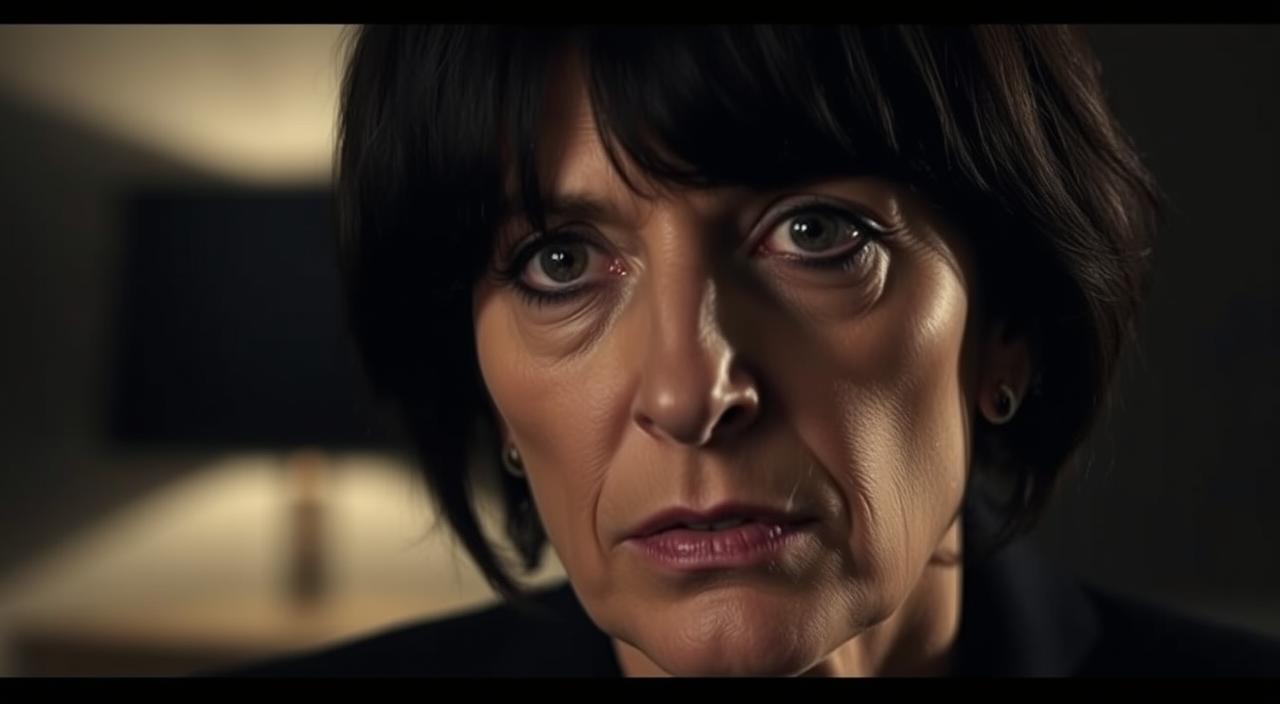 A close-up interview scene of Ghislaine Maxwell, the socialite and associate of the late Jeffrey Epstein, set against a shadowy, somber backdrop. Maxwell's face is partially obscured, casting an air of mystery and unease. Soft, dramatic lighting illuminates her stern expression, creating a sense of tension and gravity. The frame is tightly composed, emphasizing the weight of her gaze and the burden of her controversial history. The scene conveys a mood of introspection, secrets, and the complexities surrounding this figure at the center of a profound scandal.