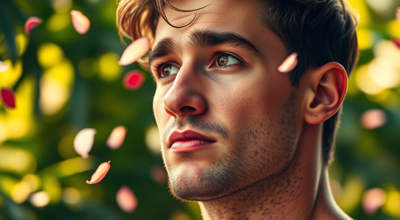 A close-up portrait of Bryan from Love Island, his expression conveying a mix of tenderness and vulnerability. He stands in a lush, verdant garden, petals falling around him like a gentle rain. The warm, golden lighting casts a romantic glow, highlighting the earnest sincerity in his eyes as he gazes off-frame, perhaps toward a loved one. The background blurs into a dreamlike haze, emphasizing the intimate, introspective mood. The composition draws the viewer in, inviting them to imagine the heartfelt emotions and bittersweet experiences that have shaped Bryan's romantic journey.