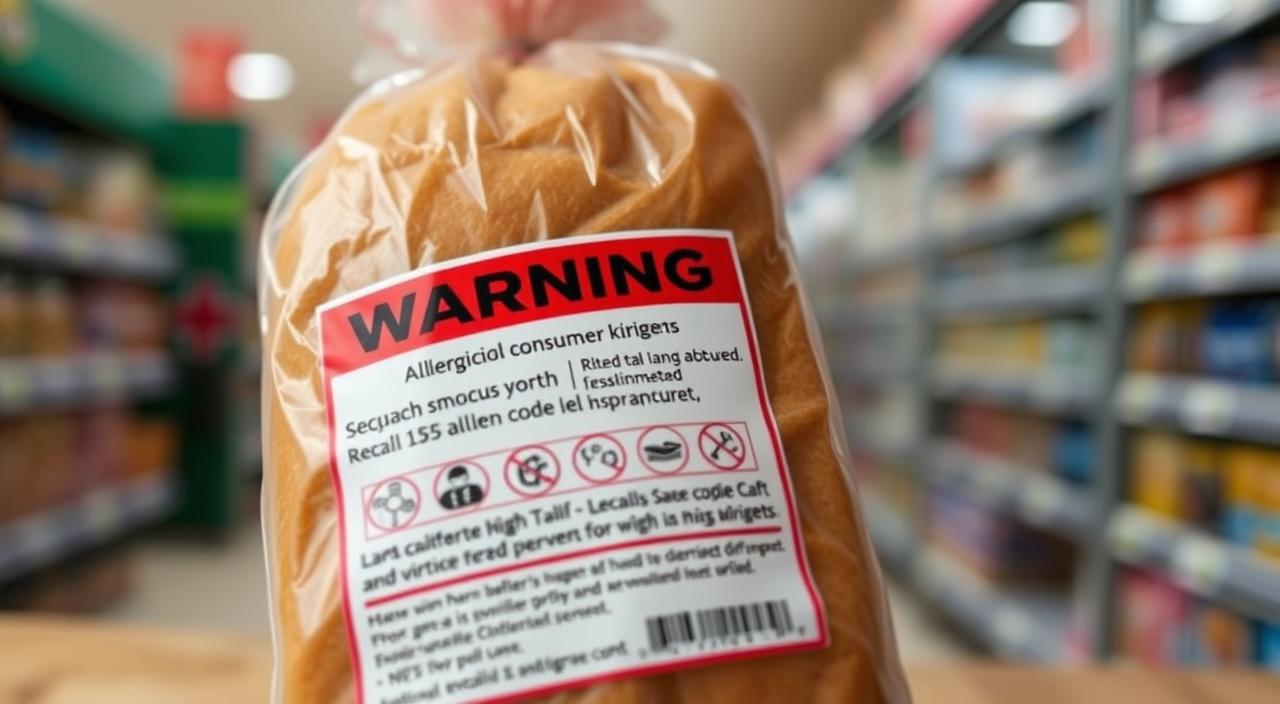 A close-up shot of a consumer warning label on a loaf of bread against a slightly blurred background of a grocery store shelf. The label features bold text and clear icons indicating potential allergens, with a distinct red border to draw attention. The lighting is soft and natural, creating a sense of urgency and importance. The angle is slightly tilted, emphasizing the warning and adding a sense of dynamism to the image. The overall mood is one of caution and concern, reflecting the seriousness of the recall.