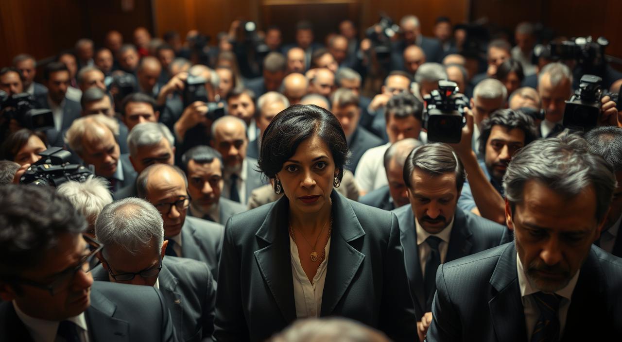 A crowded courtroom, the tension palpable. In the center, Ghislaine Maxwell, the focal point, stands stoic and resolute, her expression unreadable. Onlookers, journalists, and lawyers surround her, creating a sense of immersion and immediacy. The lighting is sharp, casting dramatic shadows that accentuate the gravity of the proceedings. The camera angle is slightly elevated, lending a sense of authority and objectivity to the scene. The overall mood is one of scrutiny, intrigue, and the weight of history in the making.