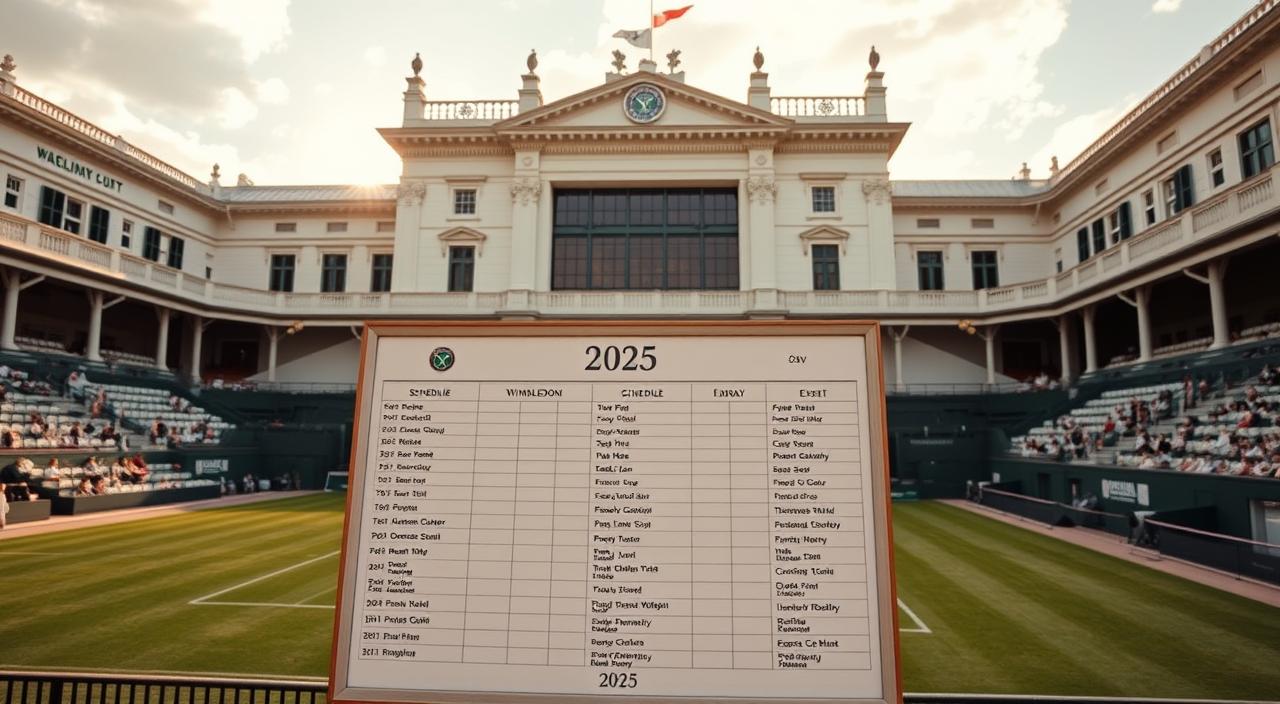 A grand, ornate stadium backdrop, the iconic Wimbledon All England Lawn Tennis Club stands tall, its pristine white walls and classic architecture shimmering under a warm, golden afternoon sun. In the foreground, a meticulously detailed schedule board displays the highly anticipated matches and events for Wimbledon 2025, each event neatly arranged in a clean, organized grid. The board is crafted with a timeless, elegant design, reflecting the prestigious nature of this beloved Grand Slam tournament. The overall scene conveys a sense of tradition, anticipation, and the unbridled excitement of the upcoming Wimbledon championships.
