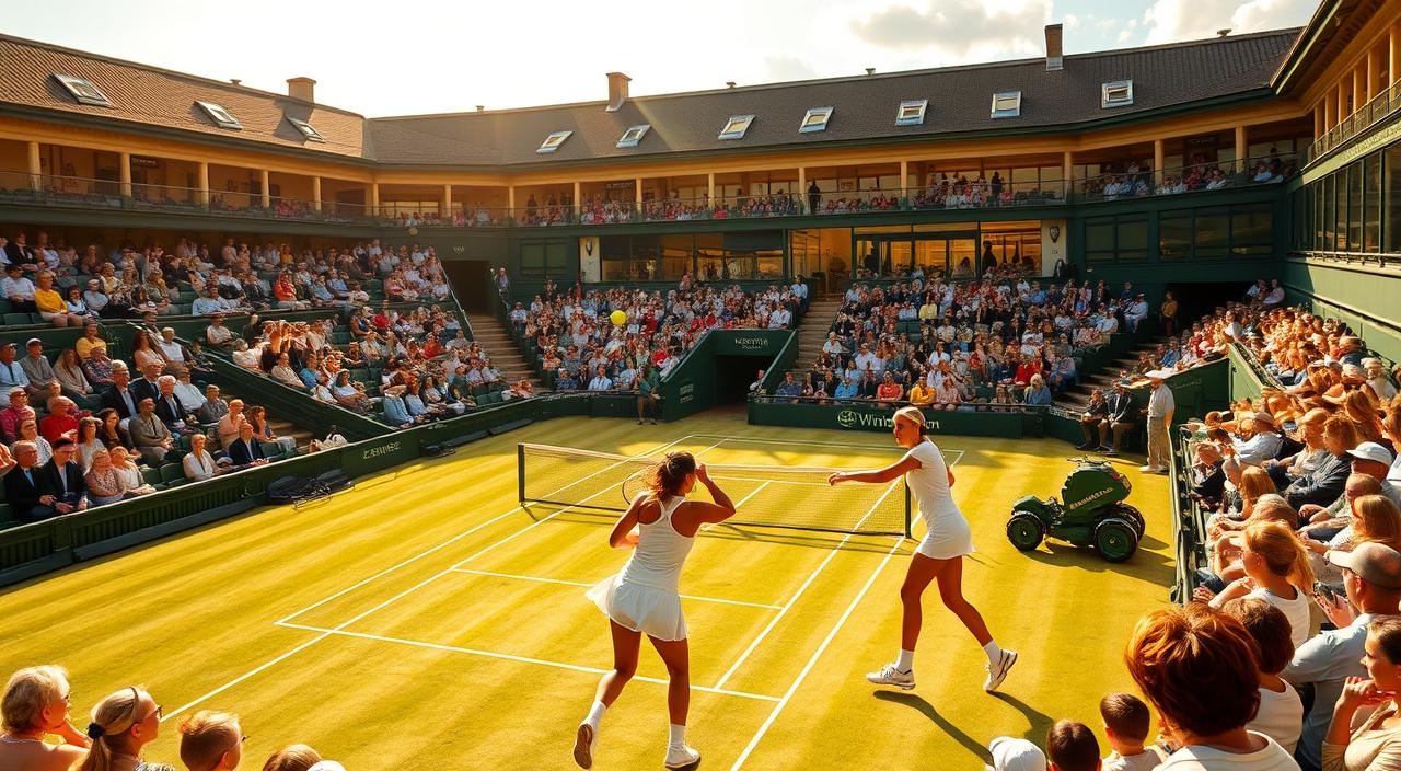 A grand tennis arena, the iconic green courts of Wimbledon, bathed in golden afternoon sunlight. In the foreground, two female players engage in a thrilling rally, their powerful strokes and graceful movements captured in a frozen moment of athletic excellence. The crowd in the stands, a sea of white and vibrant hues, exudes an electric energy, captivated by the drama unfolding on the pristine grass. In the background, the timeless architecture of the famous grounds provides a stately, historic backdrop, lending an air of tradition and prestige to the scene. The image radiates a sense of athletic prowess, competitive spirit, and the grandeur of one of the world's most prestigious tennis tournaments.