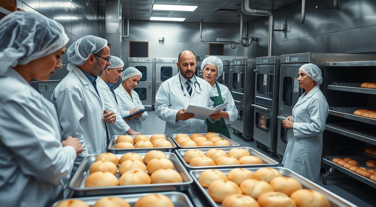 A sterile, well-lit commercial kitchen with stainless steel appliances and surfaces. In the foreground, a team of food safety inspectors in white coats and hair nets examining batches of freshly baked bread on metal trays, their expressions serious as they scrutinize the products. In the middle ground, a bakery manager in a hairnet and apron points to clipboards and documents, explaining the manufacturing process. The background shows rows of industrial ovens, mixers, and other commercial baking equipment, conveying the scale and efficiency of the Hartford Bakery's operations. The scene has a tense, investigative atmosphere, with a focus on quality control and food safety.