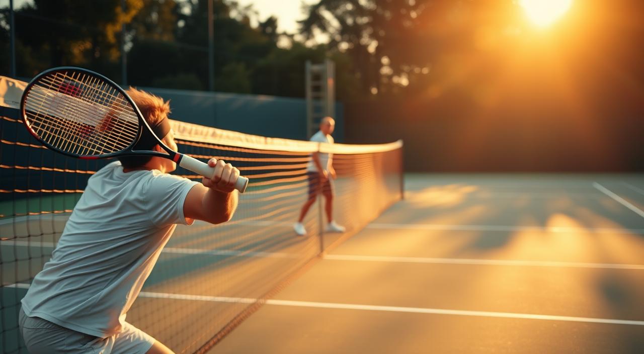 A tennis court bathed in golden-hour light, two players engaged in a high-intensity net duel. The foreground features a player masterfully volleying at the net, their racket a blur as they deftly intercept incoming shots. In the middle ground, their opponent stands firmly on the baseline, muscles tensed, racket cocked, ready to unleash a powerful groundstroke. The background is blurred, drawing the viewer's focus to the tactical chess match unfolding on the court. Crisp, high-contrast details capture the intensity of the moment, the players' expressions intense, their movements fluid and precise. The scene conveys the thrill and drama of a Wimbledon-caliber net-play vs. baseline battle.